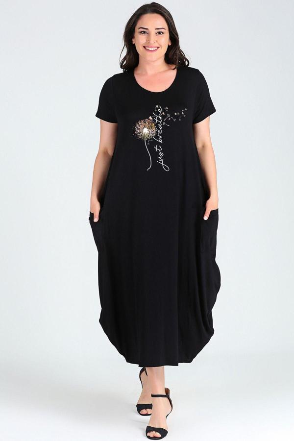 Curvy Trend Büyük Beden Breathe Baskılı Jumbo Kısa Kol Elbise - Image 1