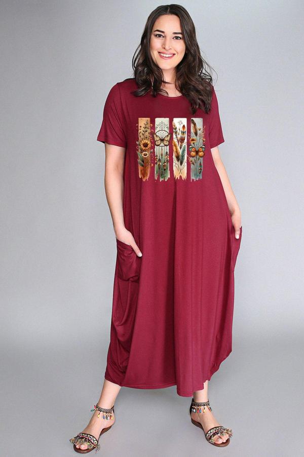 Curvy Trend Büyük Beden Bohem Kelebek Baskılı Jumbo Kısa Kol Elbise - Image 1