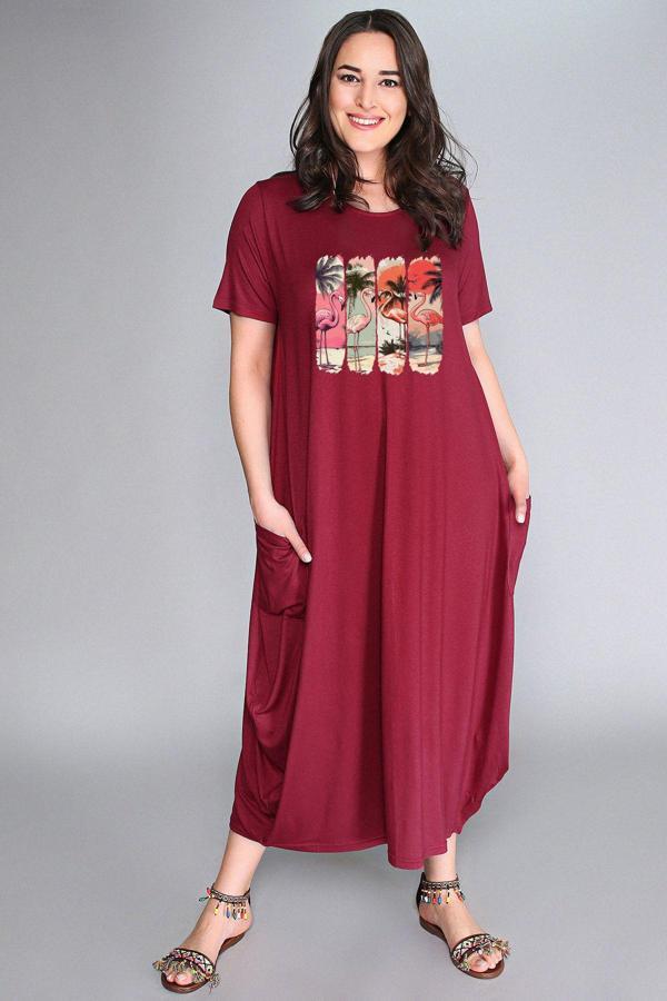 Curvy Trend Büyük Beden Flamingo Baskılı Jumbo Kısa Kol Elbise - Image 1