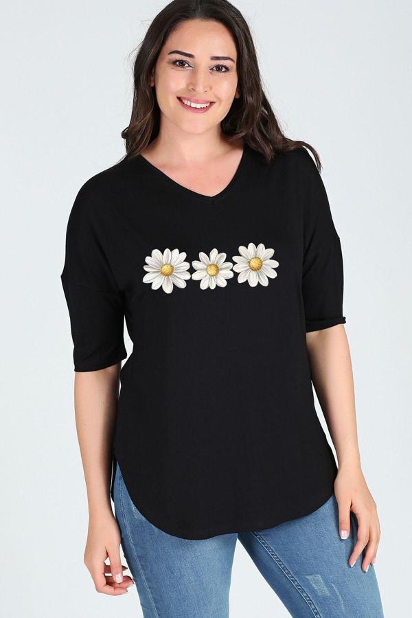 Curvy Trend Büyük Beden Papatya Baskılı Yarım Kol Yan Yırtmaç Bluz - Image 1