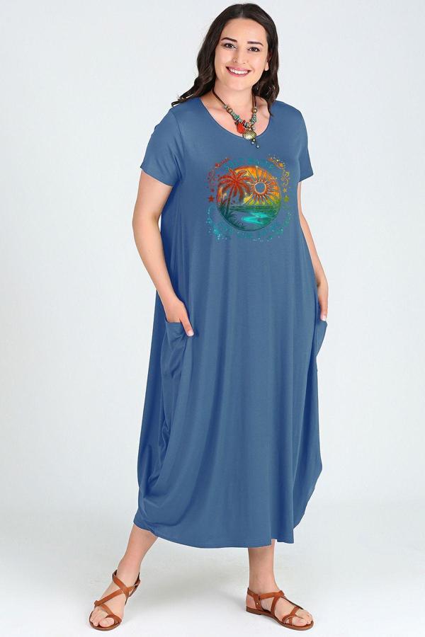 Curvy Trend Büyük Beden Salty Water Baskılı Jumbo Kısa Kol Elbise - Image 1