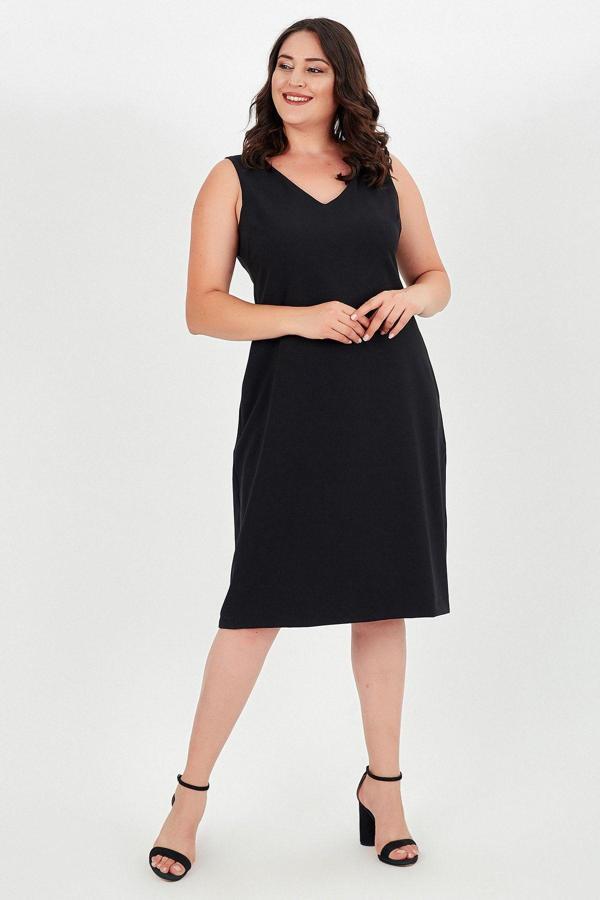 Curvy Trend Büyük Beden V Yaka Kolsuz Fermuarlı Elbise - Image 1