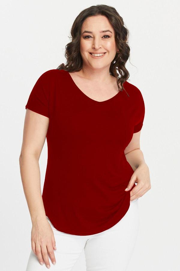 Curvy Trend Büyük Beden Geniş V Yaka Kısa Kol Oval Yırtmaç Bluz - Image 1