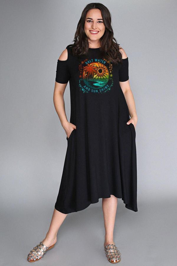 Curvy Trend Büyük Beden Salty Water Baskılı Omuz Açık Elbise - Image 1