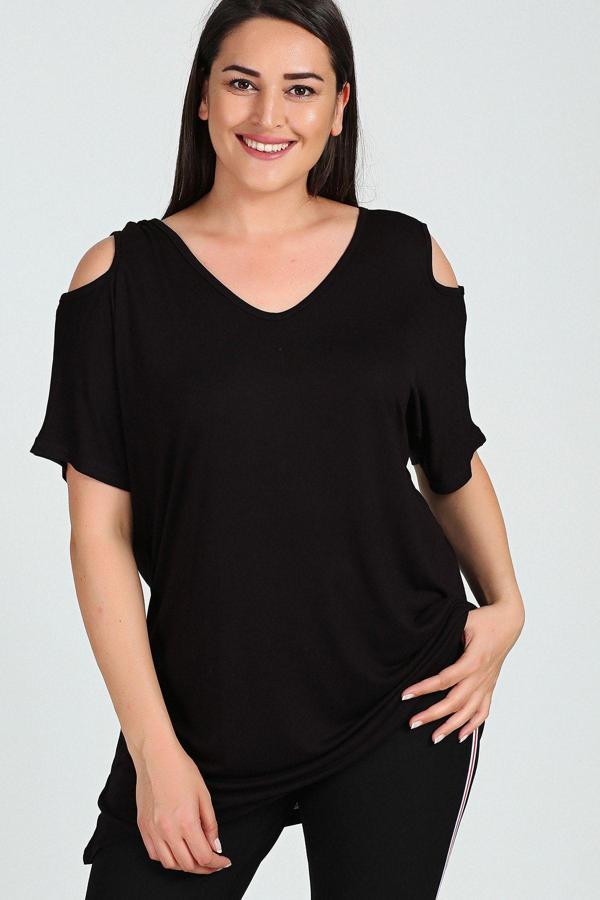 Curvy Trend Omuzu V Pencere Kısa Kol Bluz - Image 1