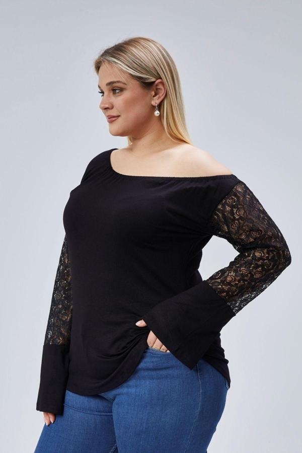 Curvy Trend Büyük Beden Asimetrik Yakalı Dantelli İspanyol Kol Bluz - Image 1