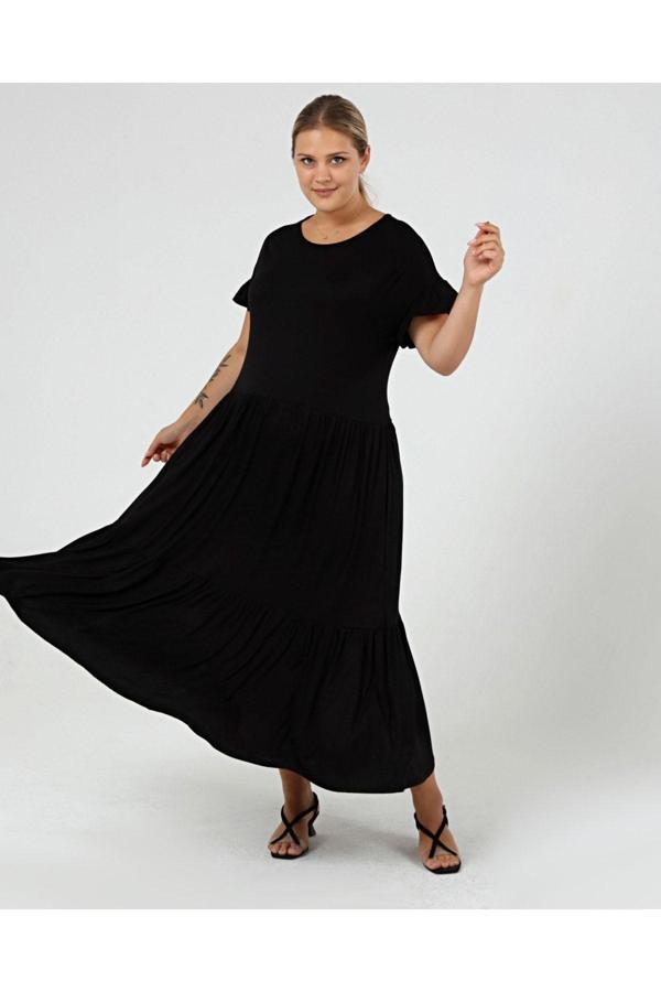 Curvy Trend Büyük Beden Büzgülü Blok Fırfır Kol Elbise - Image 1