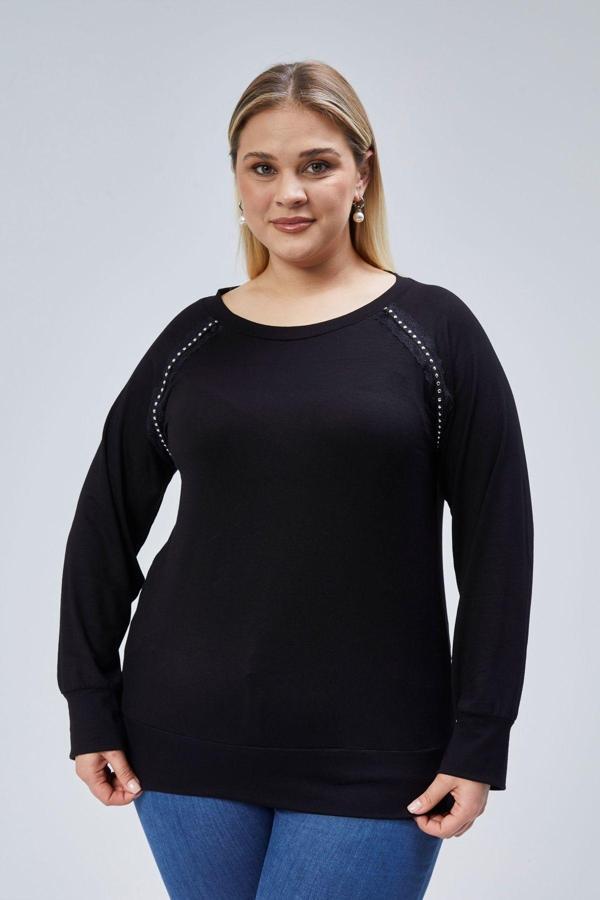 Curvy Trend Büyük Beden Zımba Detaylı Reglan Kol Bluz - Image 1
