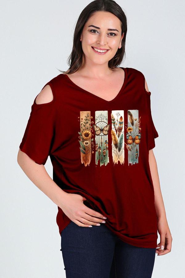 Curvy Trend Büyük Beden Bohem Kelebek Baskılı Omuzu V Pencere Kısa Kol Bluz - Image 1