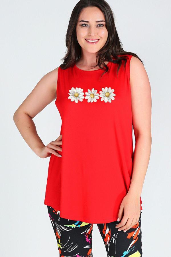 Curvy Trend Büyük Beden Kelebek Baskılı Kolsuz Viskon Basic Bluz - Image 1