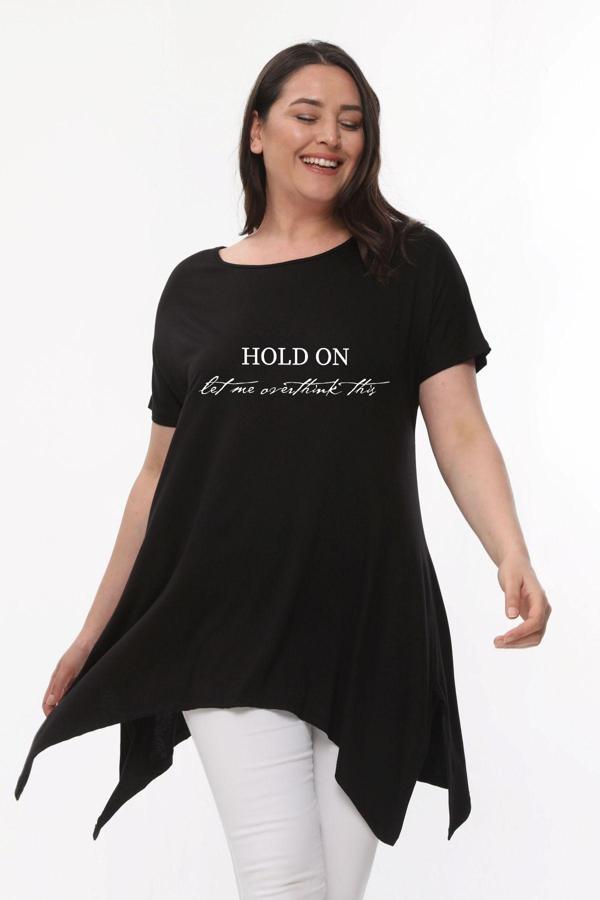Curvy Trend Büyük Beden Overthink Baskılı Kısa Kol Yırtmaçlı Basic Bluz - Image 1