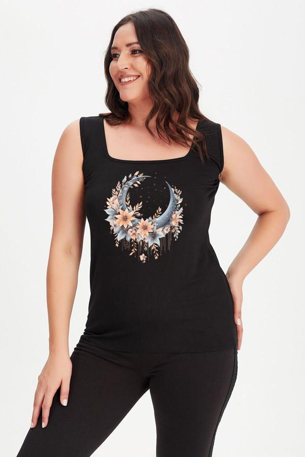 Curvy Trend Büyük Beden Boho Hilal Baskılı Kare Yaka Kalın Askılı Atlet Bluz - Image 1