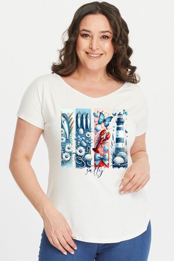 Curvy Trend Büyük Beden Deniz Feneri Salty Geniş V Yaka Kısa Kol Oval Yırtmaç Bluz - Image 1