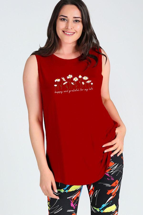 Curvy Trend Büyük Beden Daisies Baskılı Kolsuz Viskon Basic Bluz - Image 1