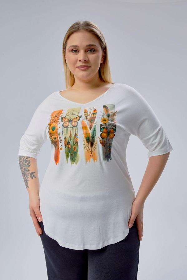 Curvy Trend Büyük Beden Bohem Kelebek Baskılı Yarım Kol Yan Yırtmaç Bluz - Image 1