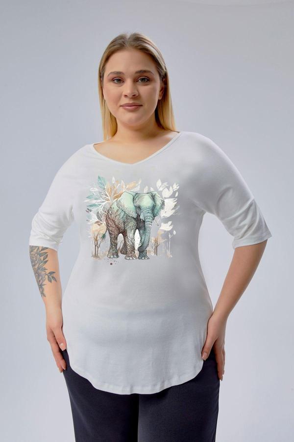 Curvy Trend Büyük Beden Fil Baskılı Yarım Kol Yan Yırtmaç Bluz - Image 1