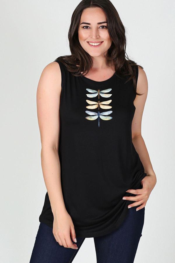 Curvy Trend Büyük Beden Dragonfly Baskılı Kolsuz Viskon Basic Bluz - Image 1