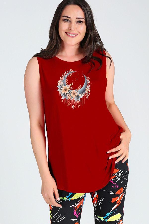 Curvy Trend Büyük Beden Boho Hilal Baskılı Kolsuz Viskon Basic Bluz - Image 1