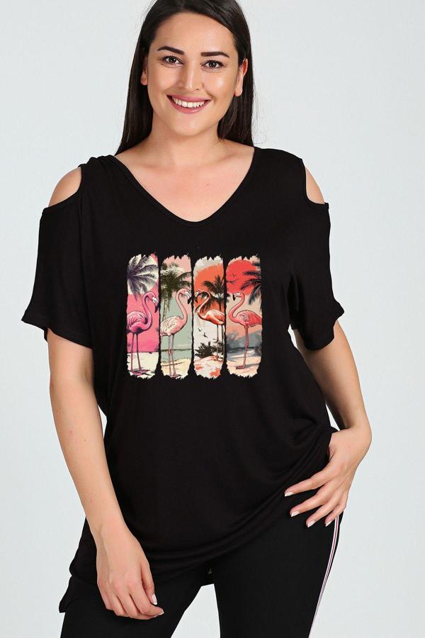 Curvy Trend Büyük Beden Flamingo Baskılı Omuzu V Pencere Kısa Kol Bluz - Image 1