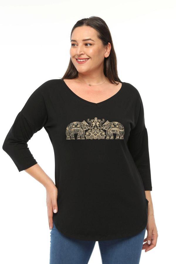 Curvy Trend Büyük Beden Fil İşlemeli Baskılı Geniş V Yaka Yarım Kol Oval Yırtmaç Bluz - Image 1