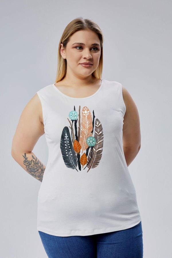 Curvy Trend Büyük Beden Kuş Tüyü Baskılı Kolsuz Viskon Basic Bluz - Image 1