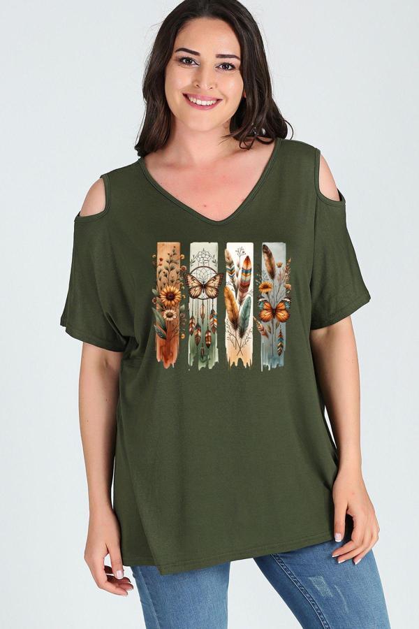 Curvy Trend Büyük Beden Bohem Kelebek Baskılı Omuzu V Pencere Kısa Kol Bluz - Image 1