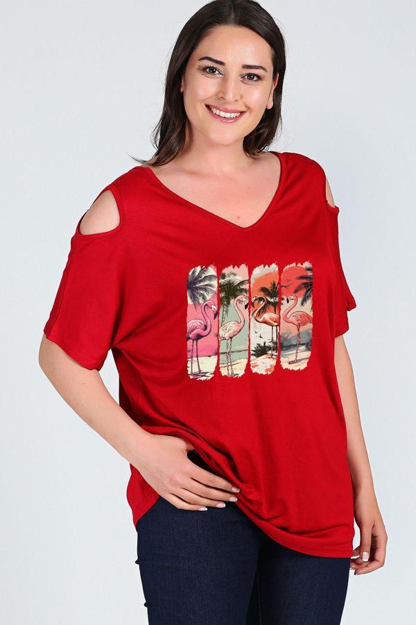 Curvy Trend Büyük Beden Flamingo Baskılı Omuzu V Pencere Kısa Kol Bluz - Image 1