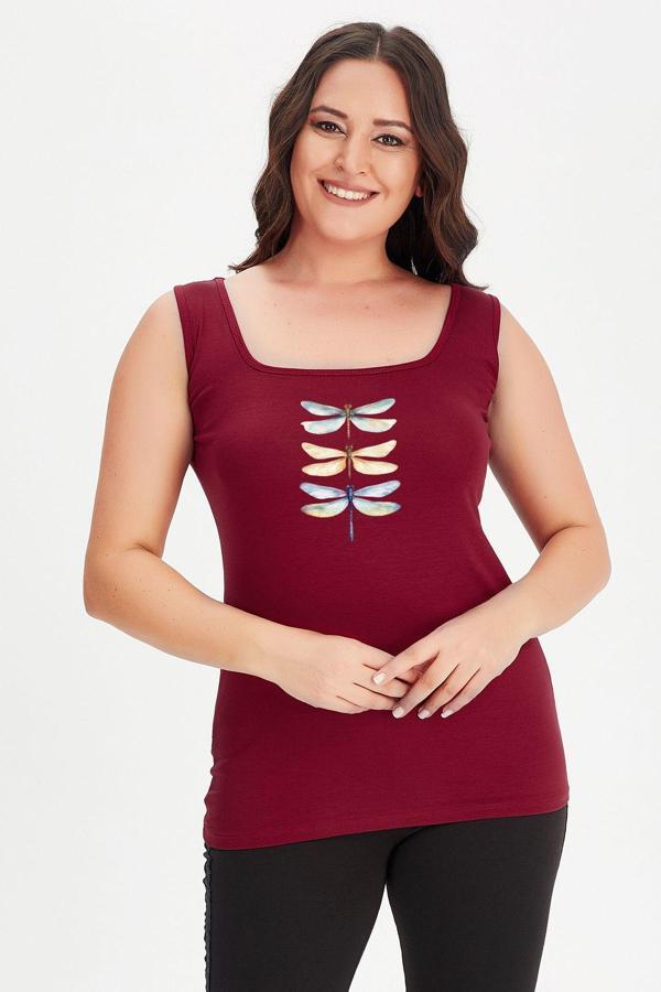 Curvy Trend Büyük Beden Dragonfly Baskılı Kare Yaka Kalın Askılı Atlet Bluz - Image 1