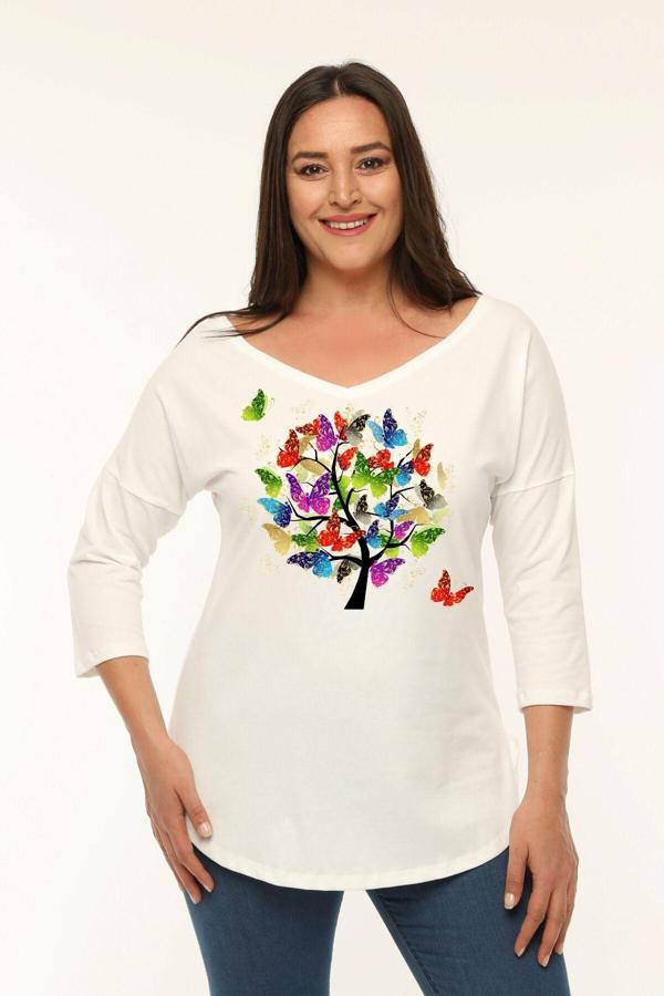 Curvy Trend Büyük Beden Renkli Kelebekler Baskılı Geniş V Yaka Yarım Kol Oval Yırtmaç Bluz - Image 1