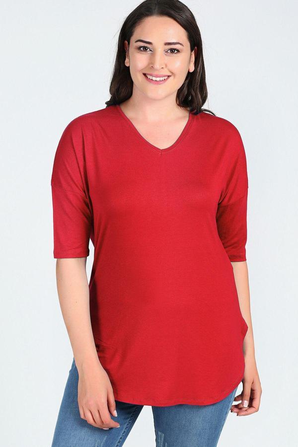 Curvy Trend Büyük Beden Yan Yırtmaç Yarım Kol Bluz - Image 1