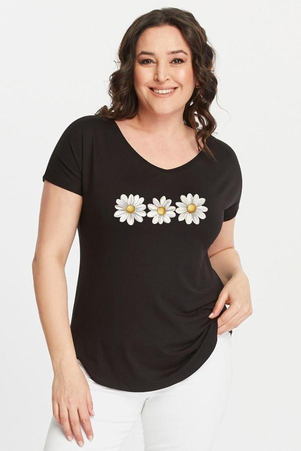 Curvy Trend Büyük Beden Papatya Baskılı Geniş V Yaka Kısa Kol Oval Yırtmaç Bluz - Image 1