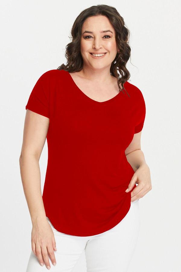Curvy Trend Büyük Beden Geniş V Yaka Kısa Kol Oval Yırtmaç Bluz - Image 1