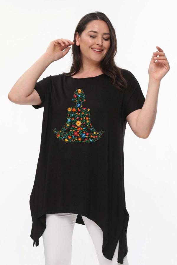 Curvy Trend Büyük Beden Çiçek Yoga Baskılı Kısa Kol Yırtmaçlı Basic Bluz - Image 1