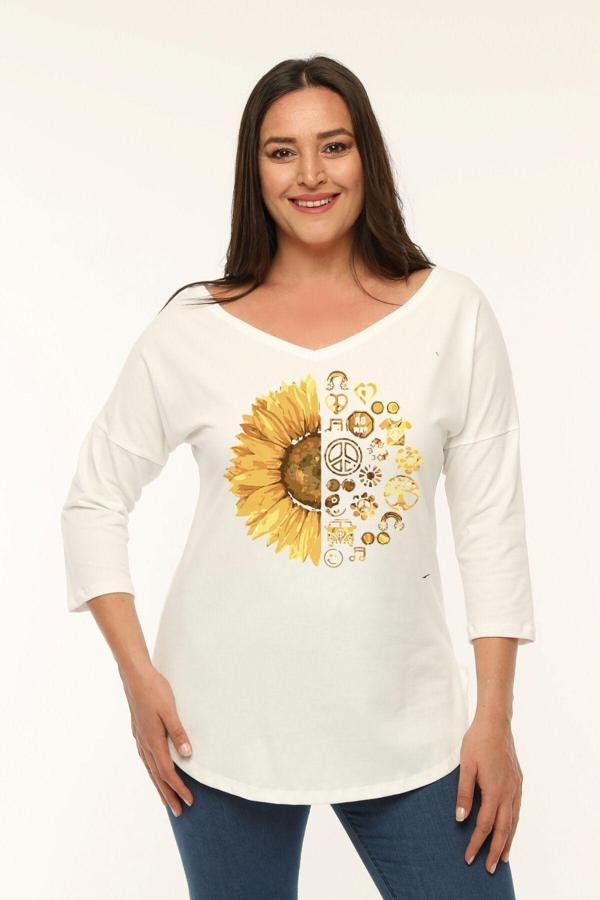 Curvy Trend Büyük Beden Sun Flower Baskılı Geniş V Yaka Yarım Kol Oval Yırtmaç Bluz - Image 1
