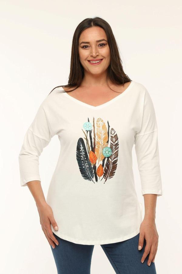 Curvy Trend Büyük Beden Kuş Tüyü Baskılı Geniş V Yaka Yarım Kol Oval Yırtmaç Bluz - Image 1