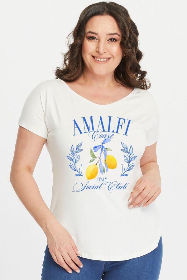 Curvy Trend Büyük Beden Amalfi Baskılı Geniş V Yaka Kısa Kol Oval Yırtmaç Bluz - Image 1