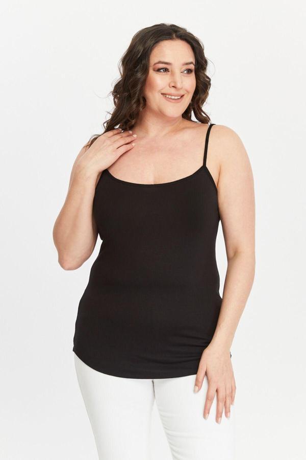 Curvy Trend Büyük Beden İp Askılı Oval Yırtmaç Bluz - Image 1