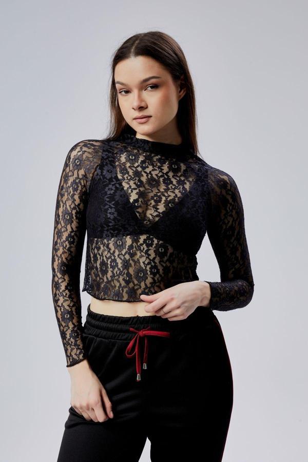 Curvy Trend Uzun Reglan Kol Esnek Dantel Bluz - Image 1