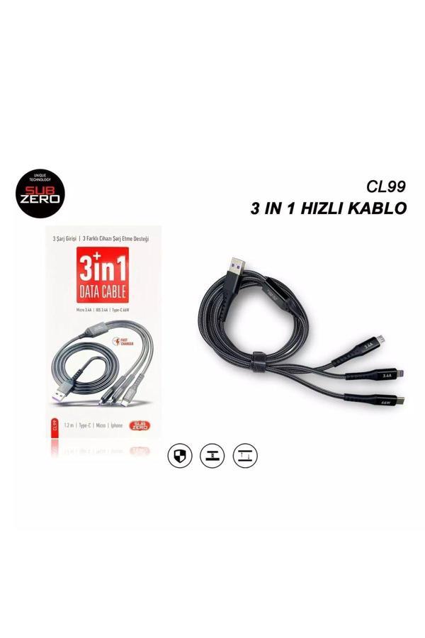 Subzero 3İn1 Şarj Kablosu 66W Salise Gösterir - Image 1