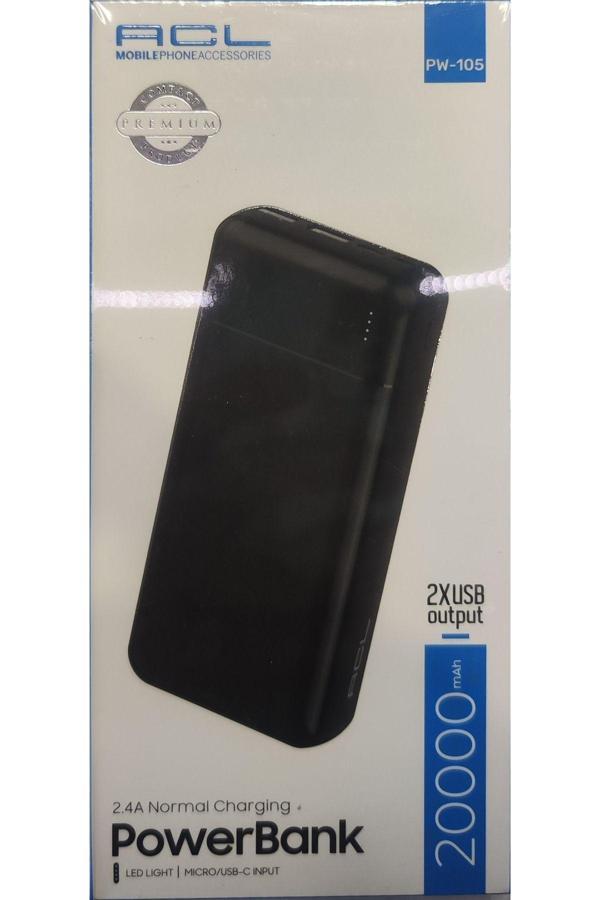 Acl Powerbank 20000Mah 2.4A Normal Charging Led Light Micro/Usb-C Input 2Xusb Output - Image 1