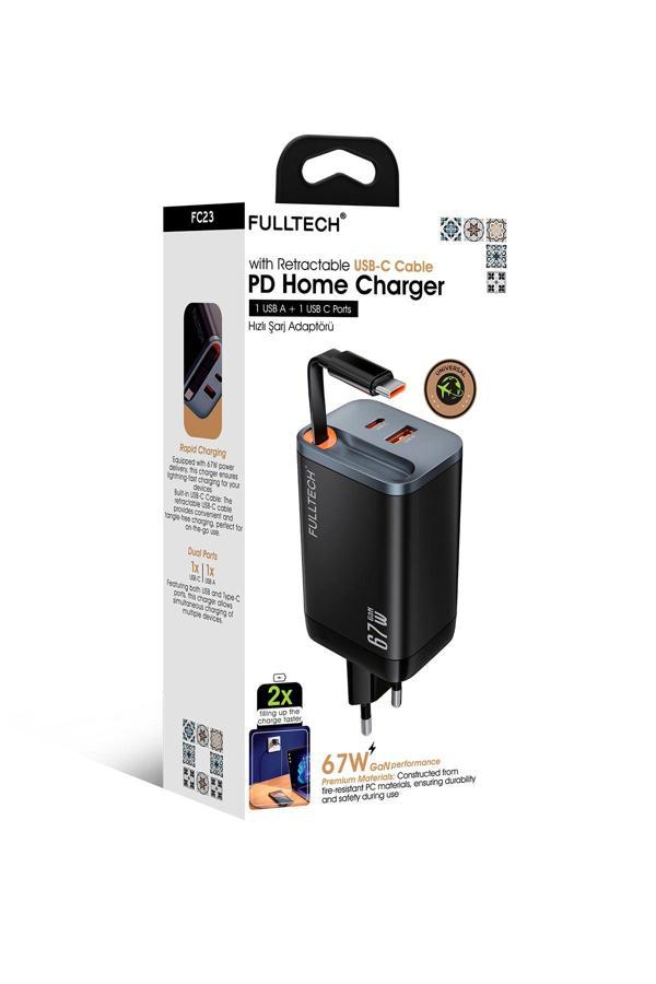 Fulltech Fc23 67W Gan Hızlı Şarj Adaptörü | Dahili Retractable Usb-C Kablo Usb-A Çıkışı | Telefon, - Image 1