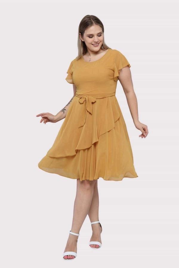 Apsen Kadın Bisiklet Yaka Volan Detaylı Midi Büyük Beden Şifon Elbise 4337/110 - Image 1