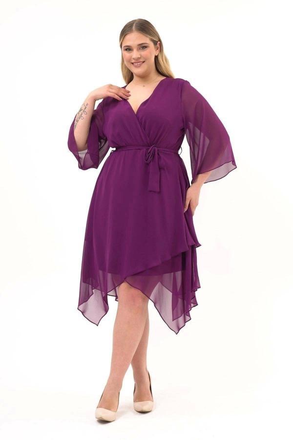 Apsen Kadın Mor Kruvaze Yaka Uzun Kol Detaylı Midi Boy Şifon elbise 4465/120 - Image 1