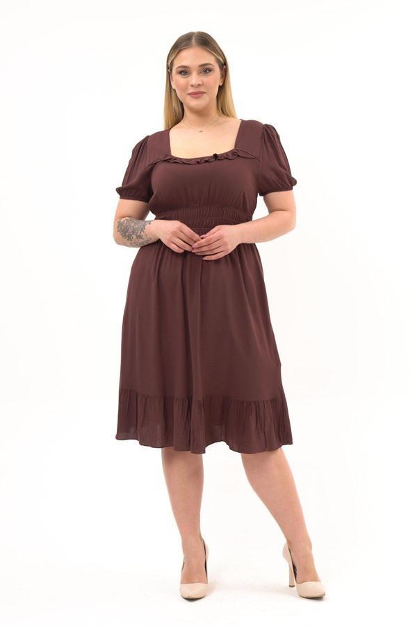 Kadın Kare Yaka Beli Gipeli Fırfır Detaylı Midi Boy Elbise 4467/110 - Image 1