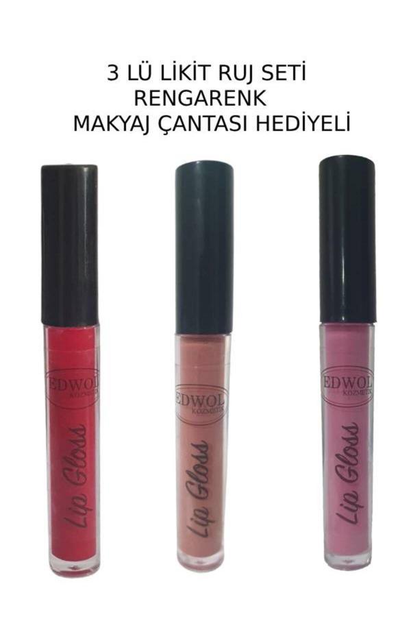 Edwol Make Up Likit Işıldayan Parlak 3 Lü Ruj Kırmızı Nude Pembe Ruj - Image 1