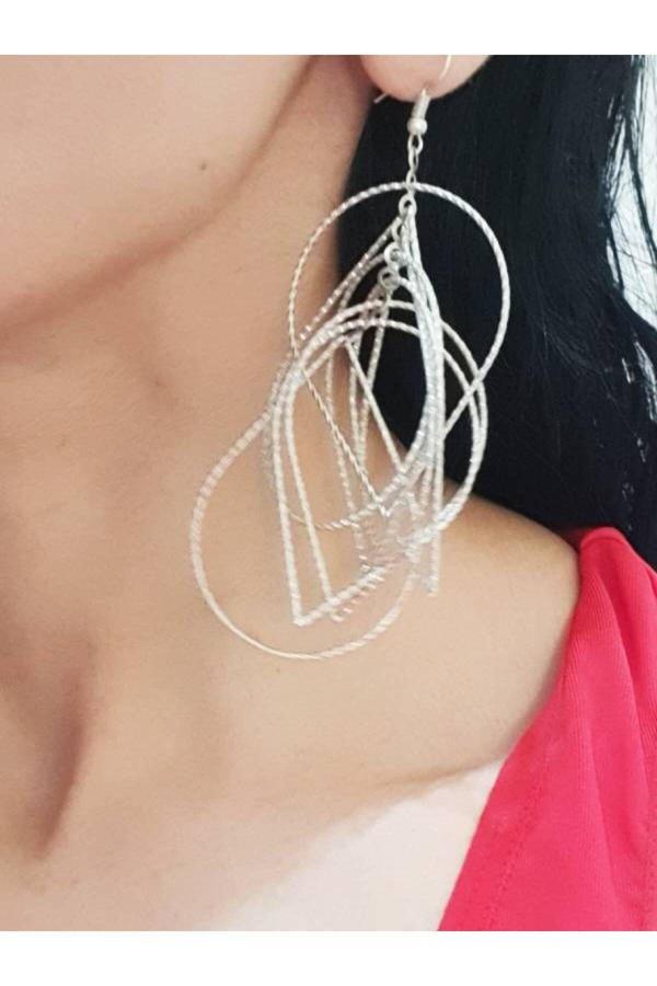 Edwol Antik Çelik Gümüş Kaplama Halka Dolamalı Geometrik Şekilli Sallantılı Küpe - Image 1