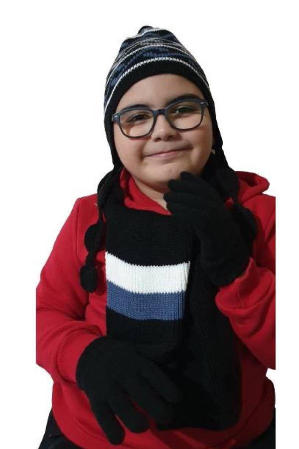Edwol Erkek Çocuk Lacivert Siyah Beyaz Mavi Garson Boy 3 Lü Atkı Bere Eldiven Takımı - Image 1