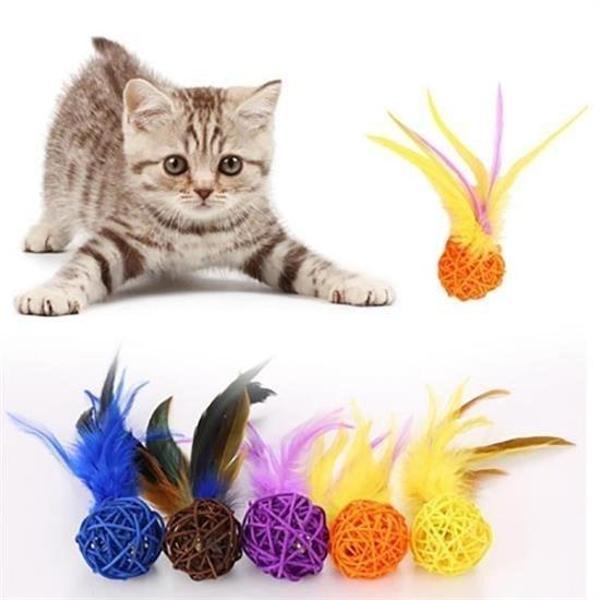 BUFFER® 2li Rattan Renkli Peluş Tüy Kedi Köpek Oyuncak Yakalama Çiğneme Çıngıraklı Top Oyuncağı - Image 1