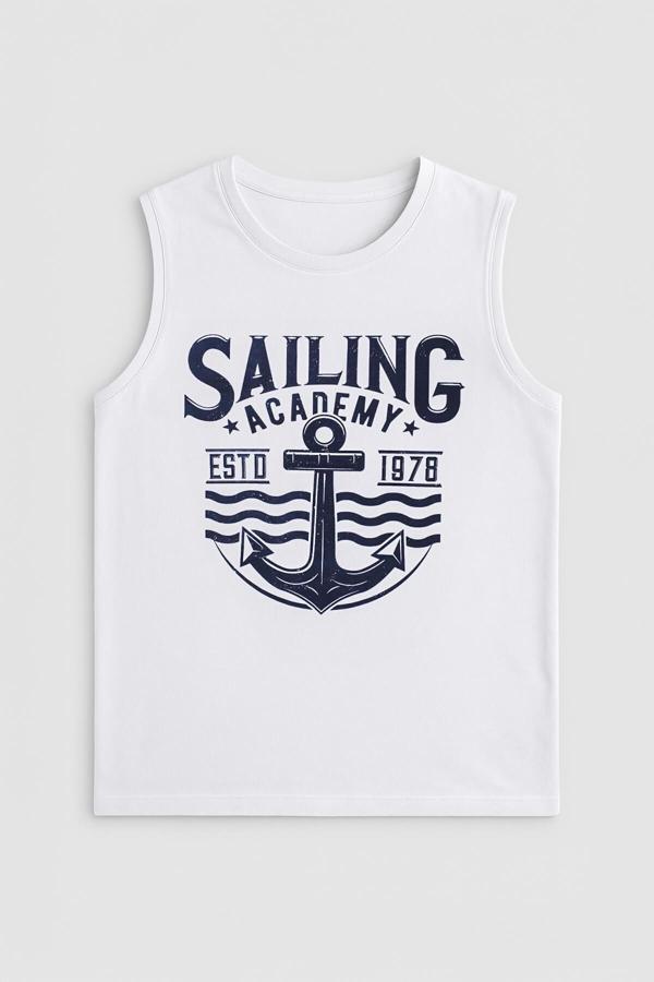 Kadın Bisiklet Yaka Baskılı Beyaz Kolsuz T-shirt - Image 1