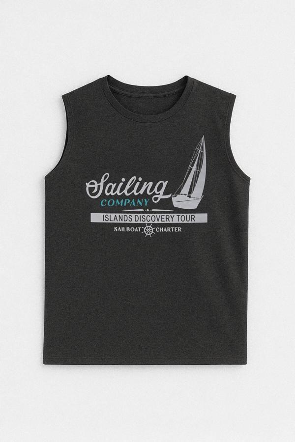 Kadın Bisiklet Yaka Baskılı Antrasit Kolsuz T-shirt - Image 1